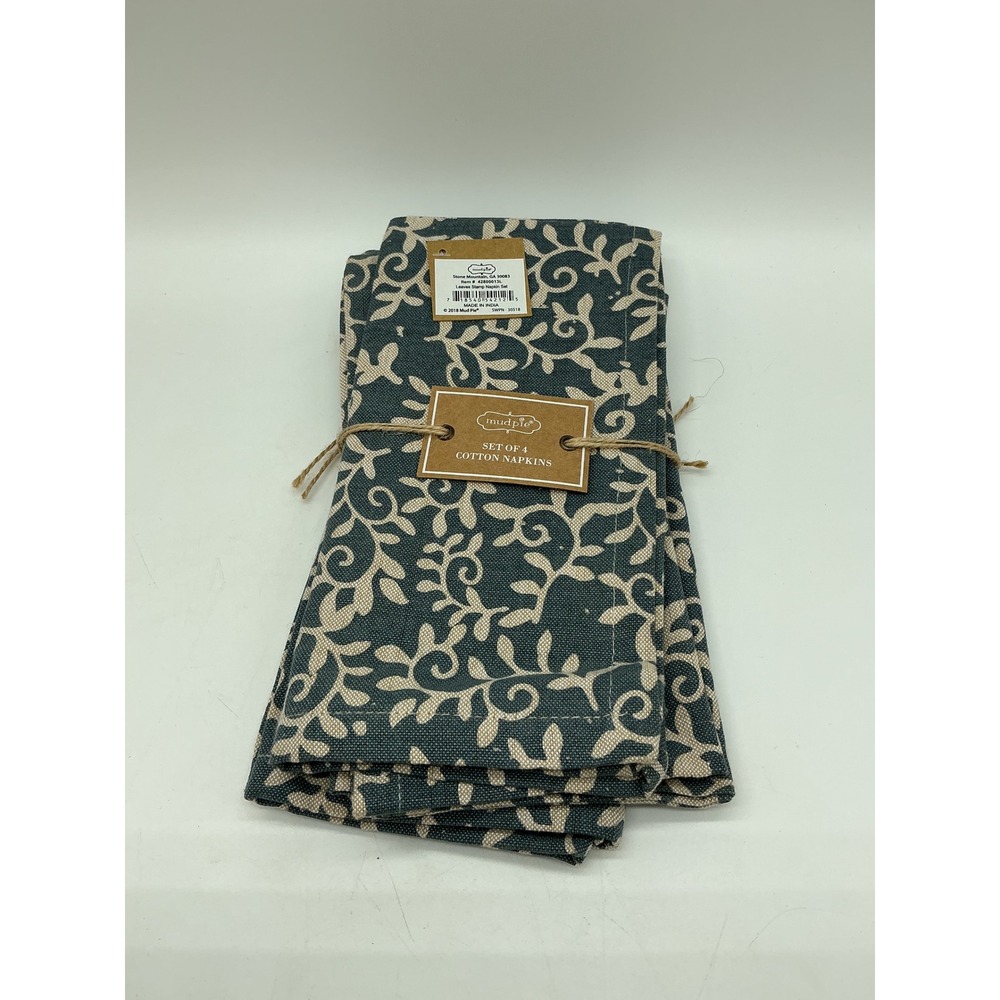 Mud Pie Set of 4 Cotton Leaves Stamp Napkins Blue Tan Floral 4280013L